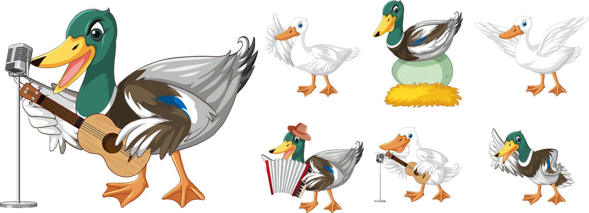 conjunto de diferentes poses de personajes de dibujos animados de patos vector