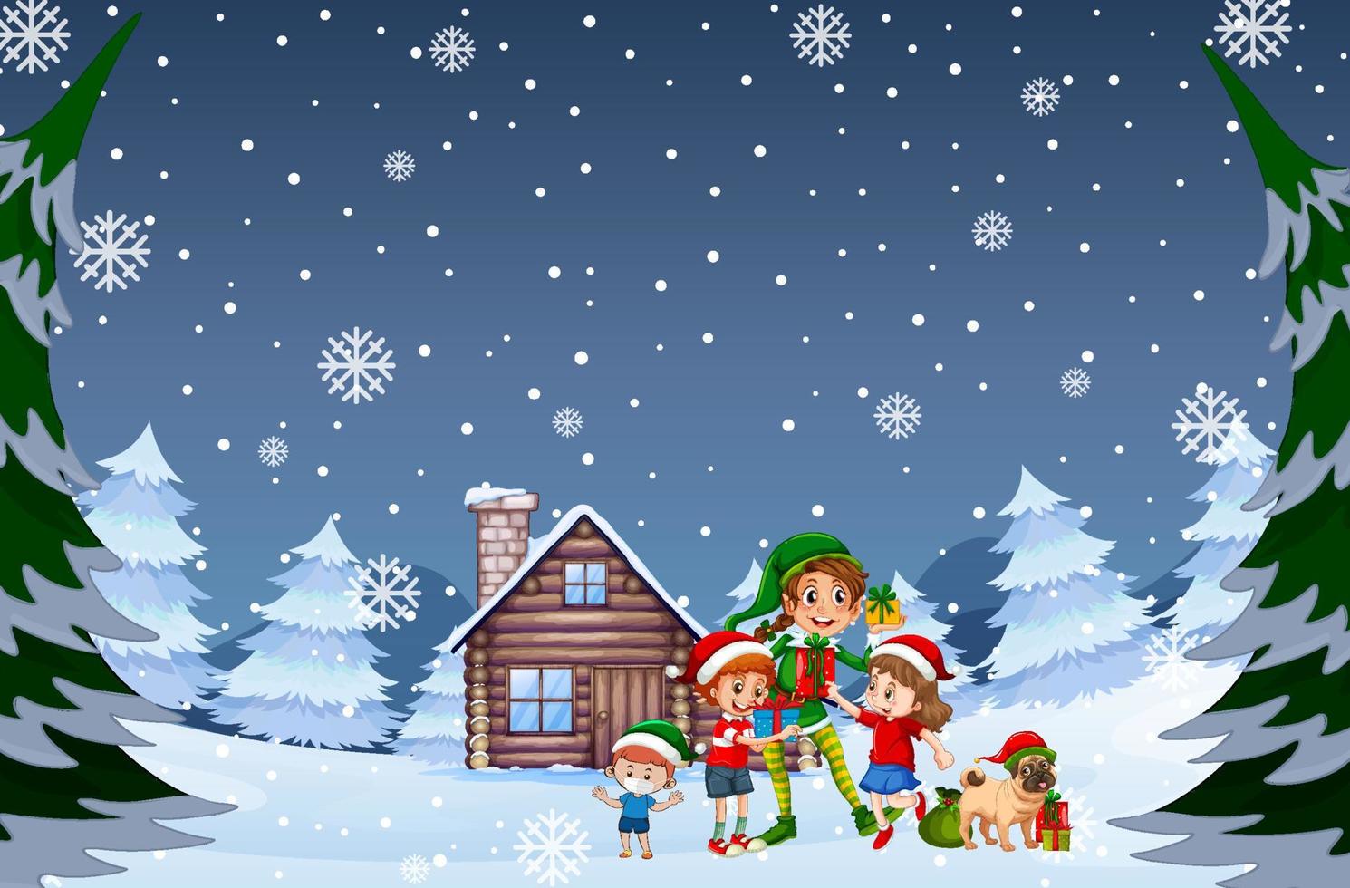 Snowy winter night with Christmas elf and many dogs vector