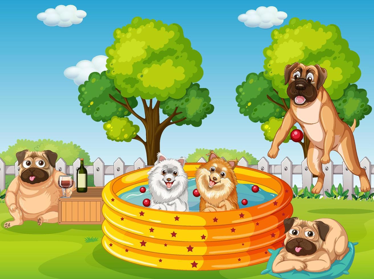 Many dogs playing in the park vector