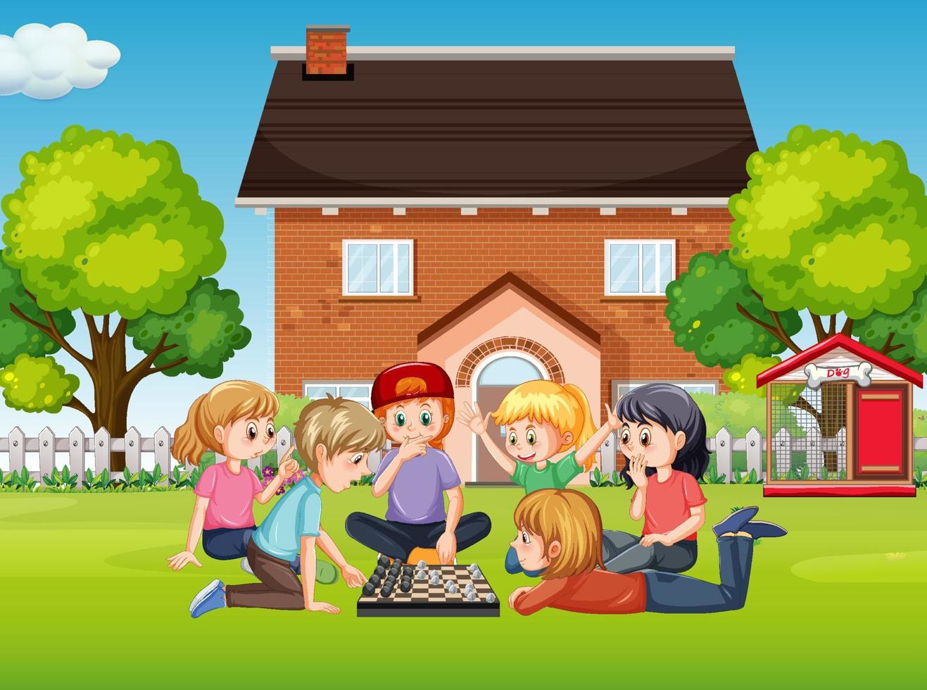 Children playing games outside the house vector