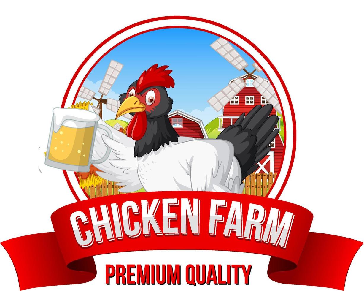 pancarta de granja de pollos con un pollo sosteniendo un vaso de cerveza vector