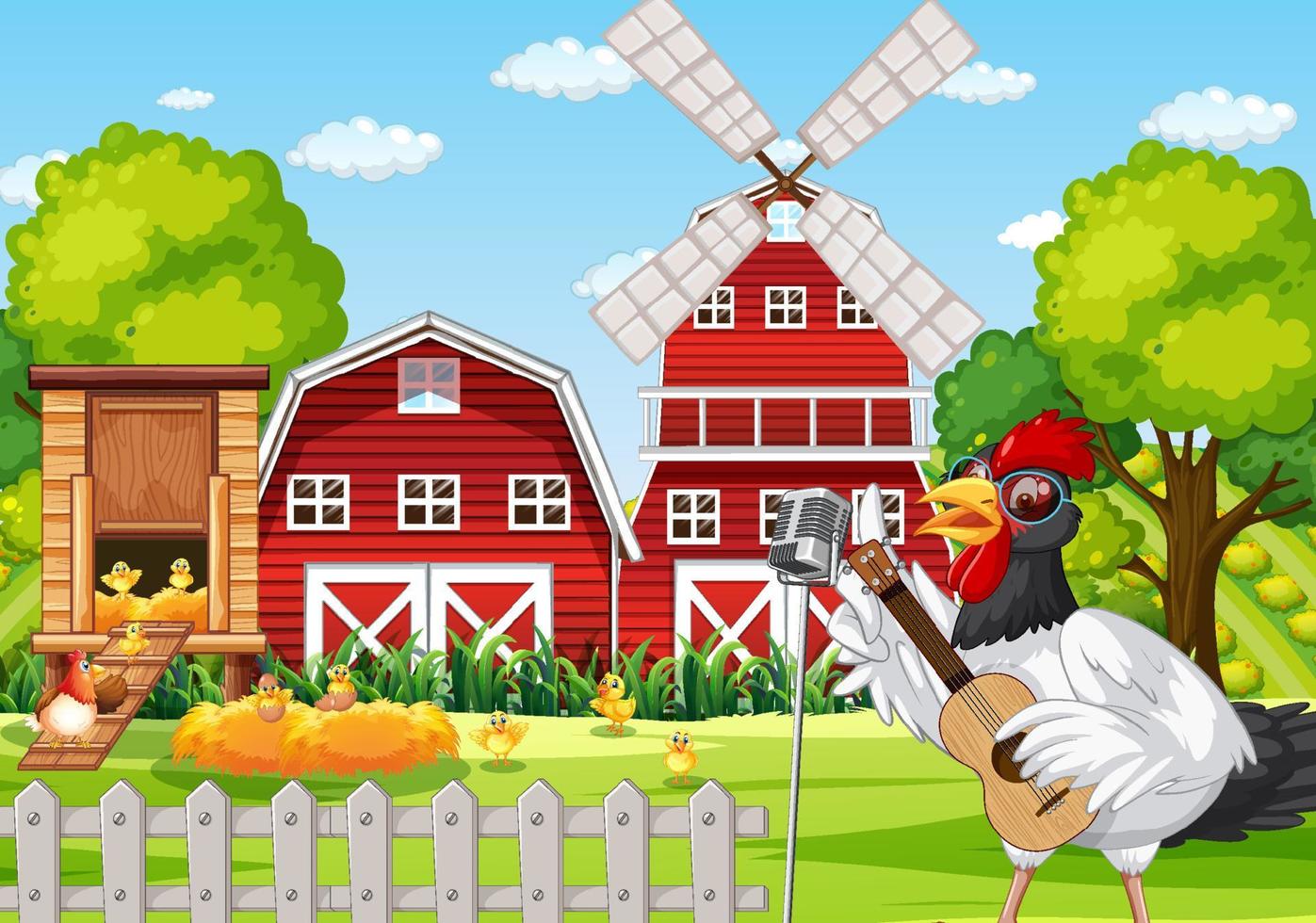 Farm scene with a chicken singing guitar vector