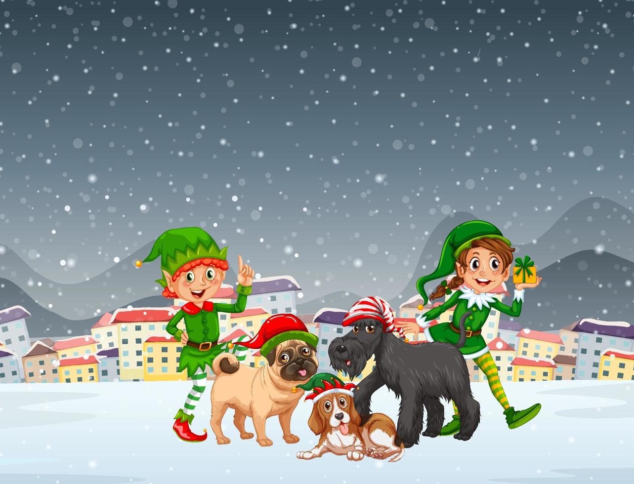 escena de la noche de navidad nevada con elfos y perros vector