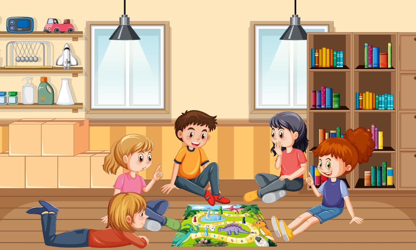 niños jugando juegos de mesa en la habitación vector