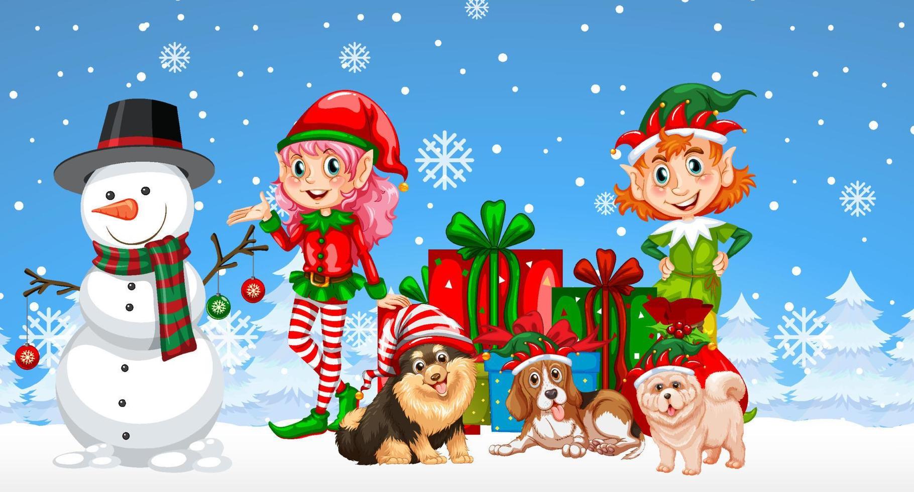 Christmas snowman with children on snowy blue background vector