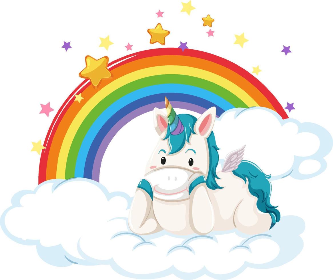 Cute unicorn lying on a cloud with rainbow vector