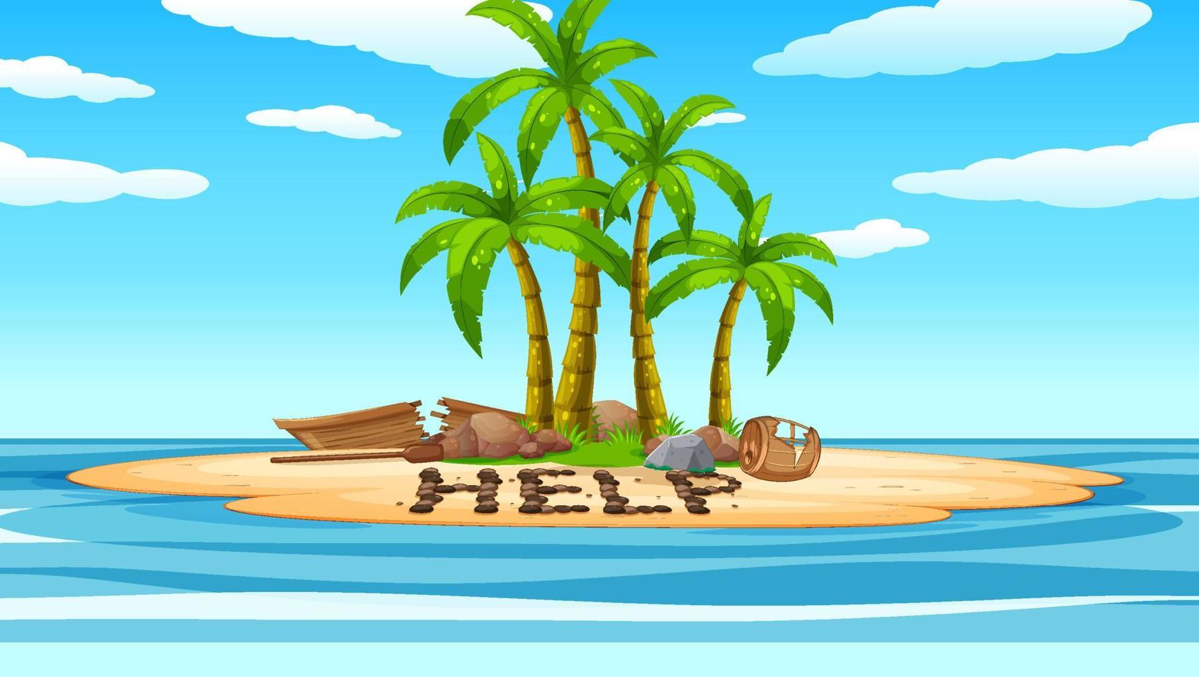 Deserted island with broken boat lying on the beach with help sign vector