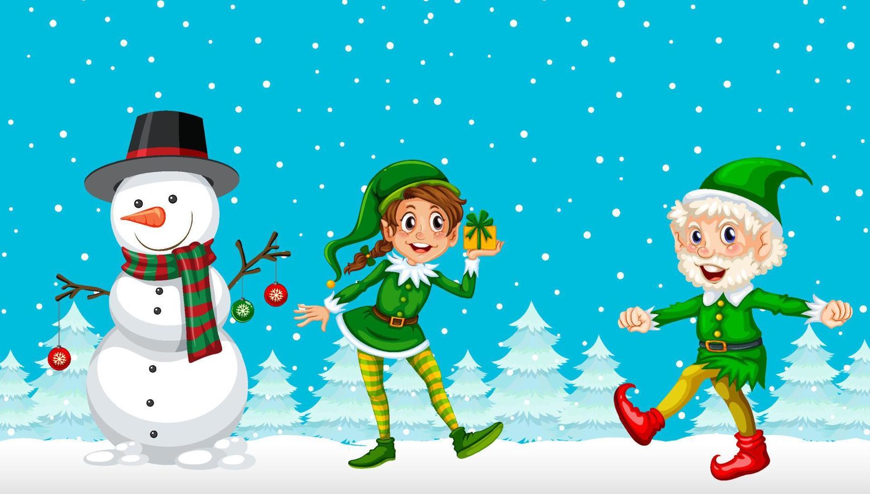 Christmas cartoon characters on snowy blue background vector