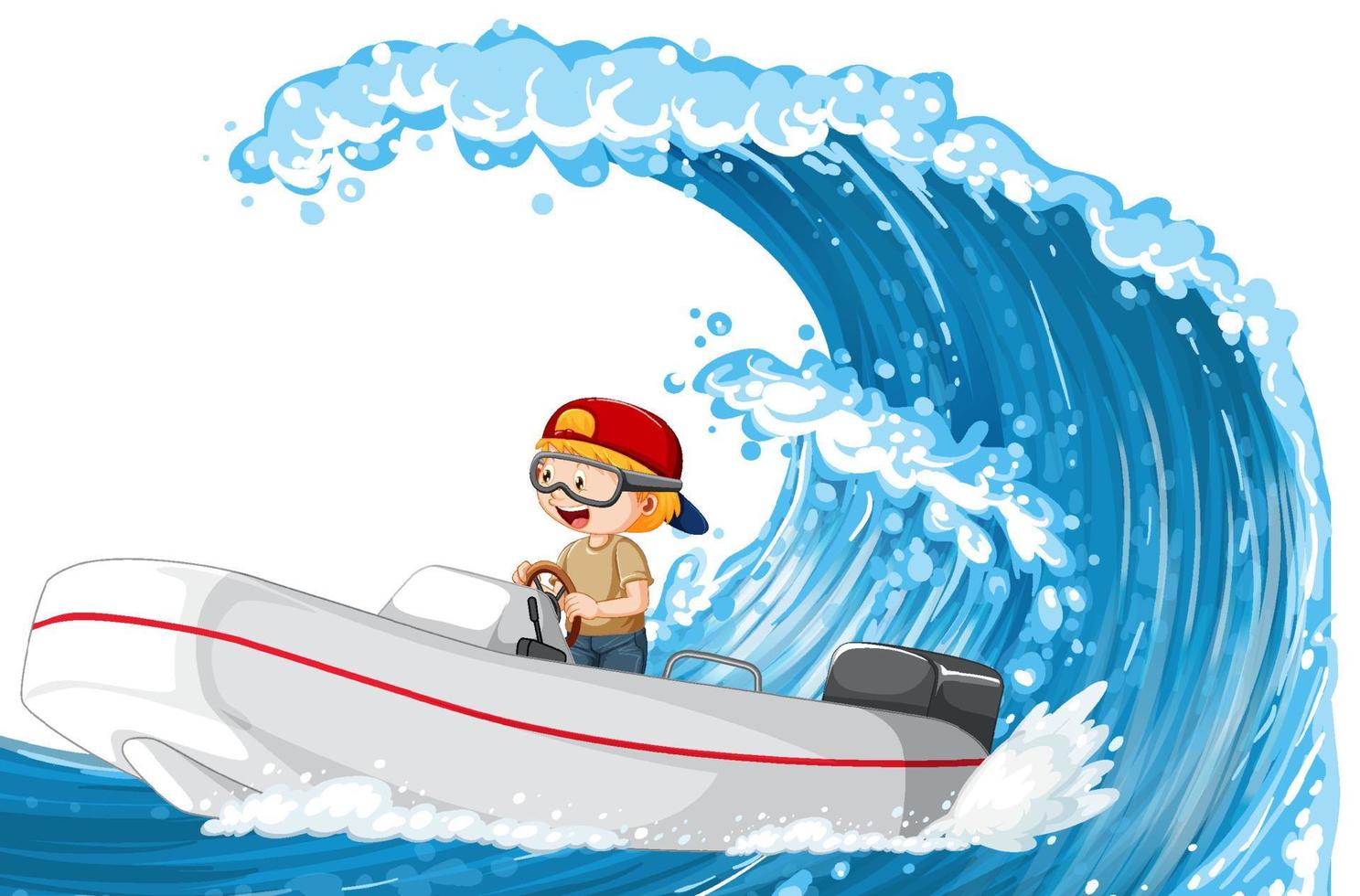 A boy driving boat on water wave vector