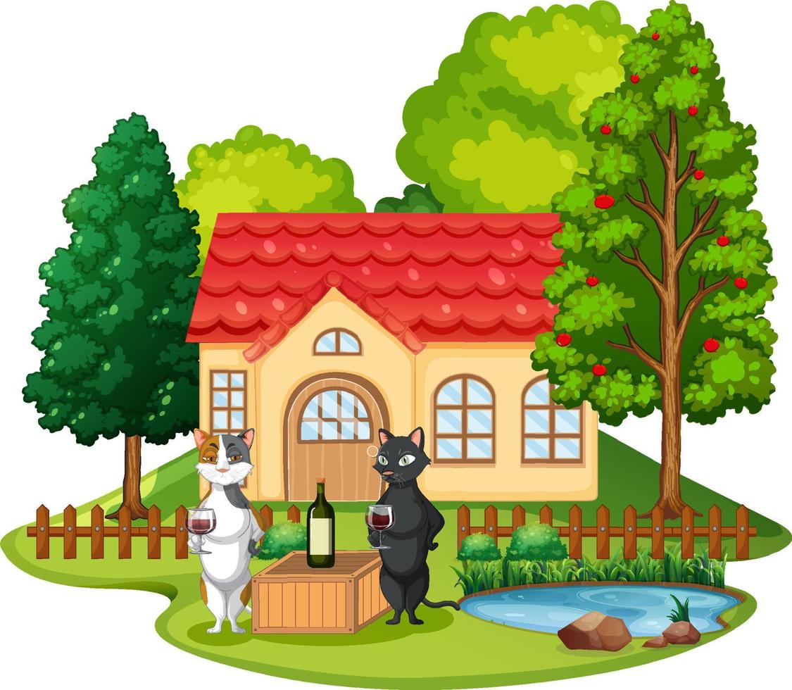 Two cats drinking wine in front of house vector