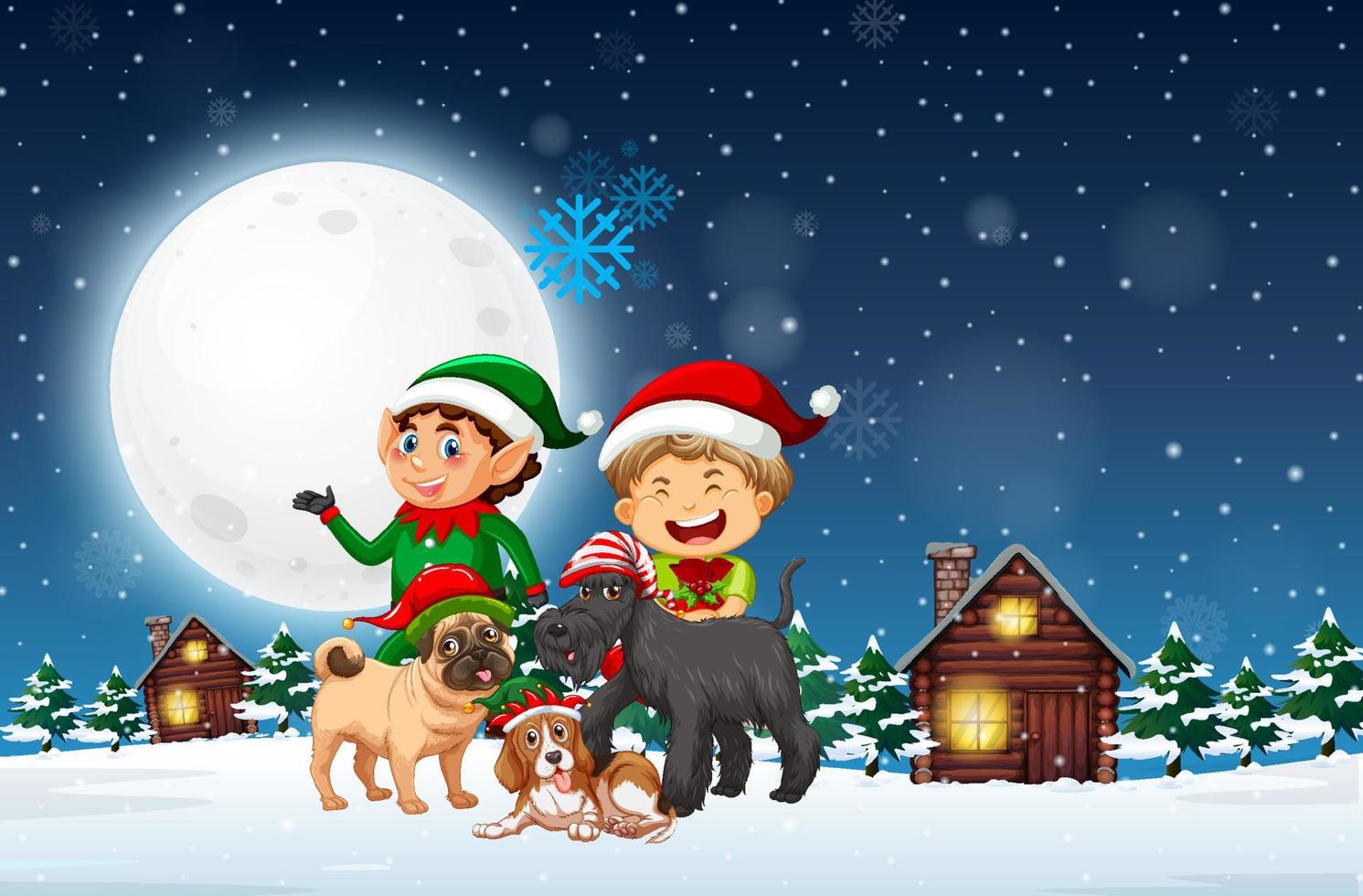 Snowy winter night with Christmas elves and dogs vector