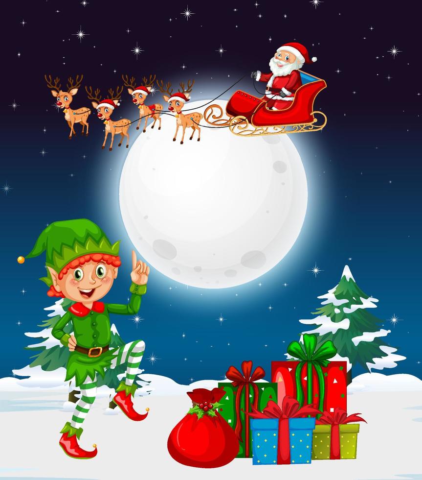 Snowy winter night with Christmas elf and Santa Claus vector