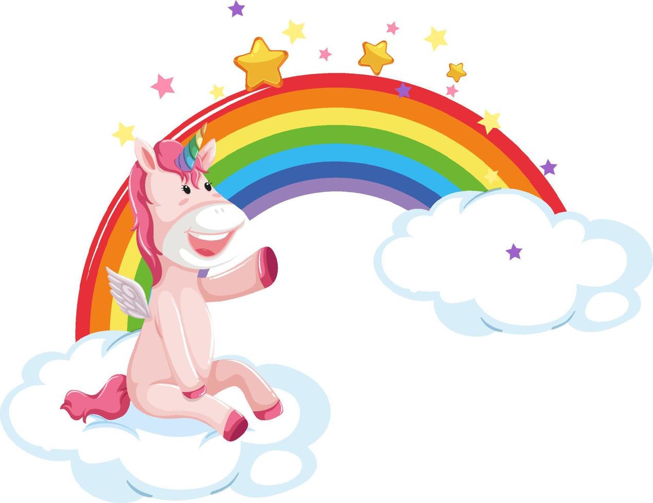 Pink unicorn sitting on a cloud with rainbow vector