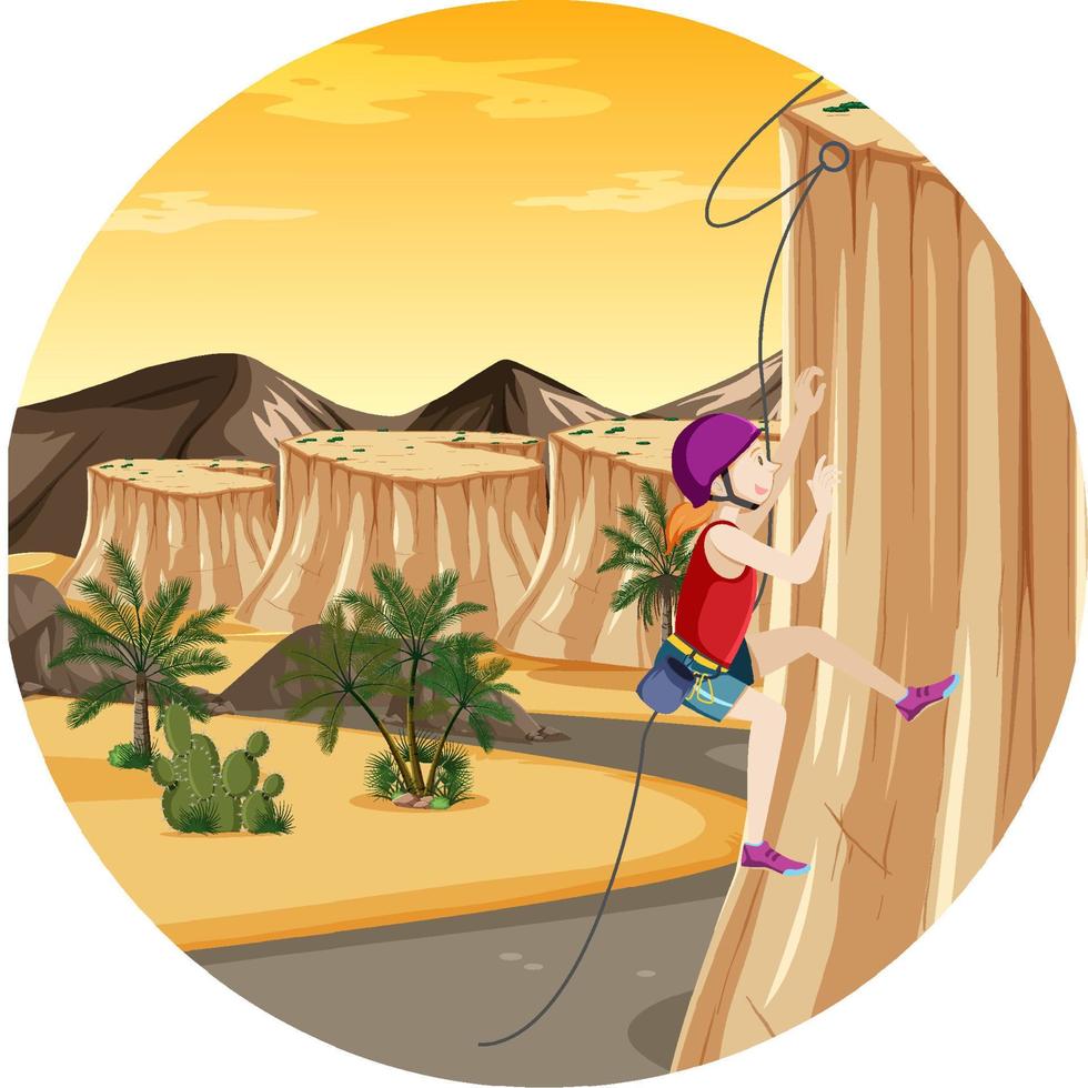Scene with people climbing rocky moutain on circle artboard vector