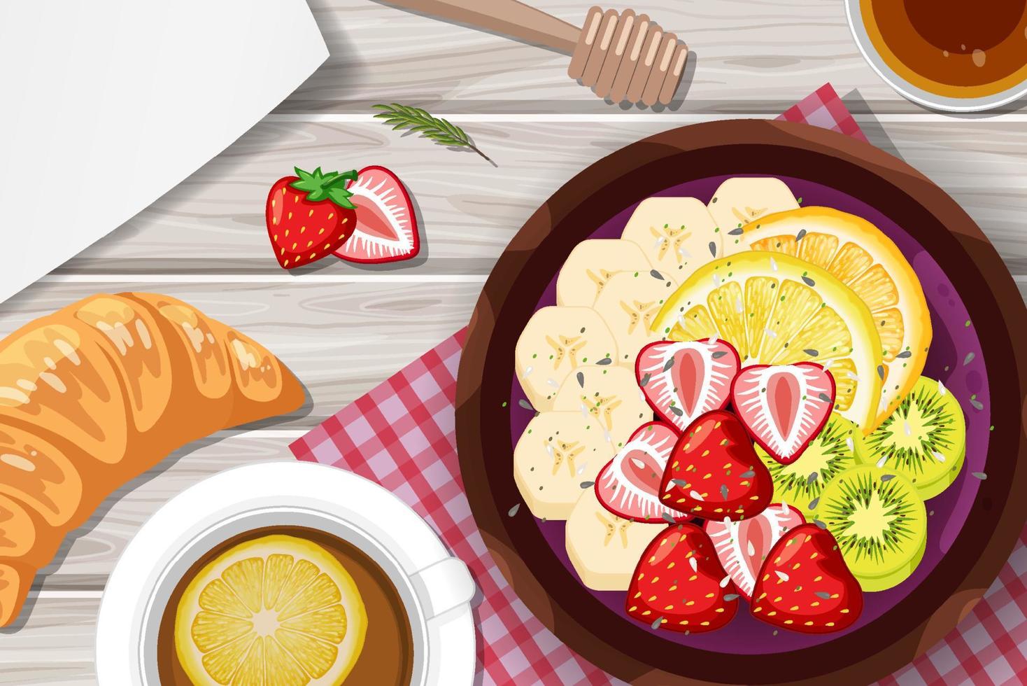 Top view Acai food bowl and placemat on wood table vector