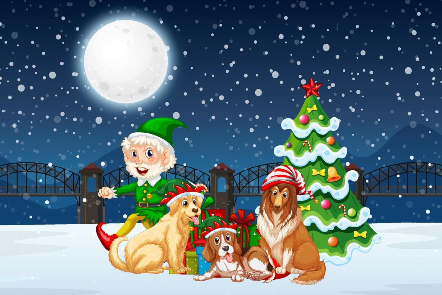 Snowy winter night with Christmas elf and dogs vector