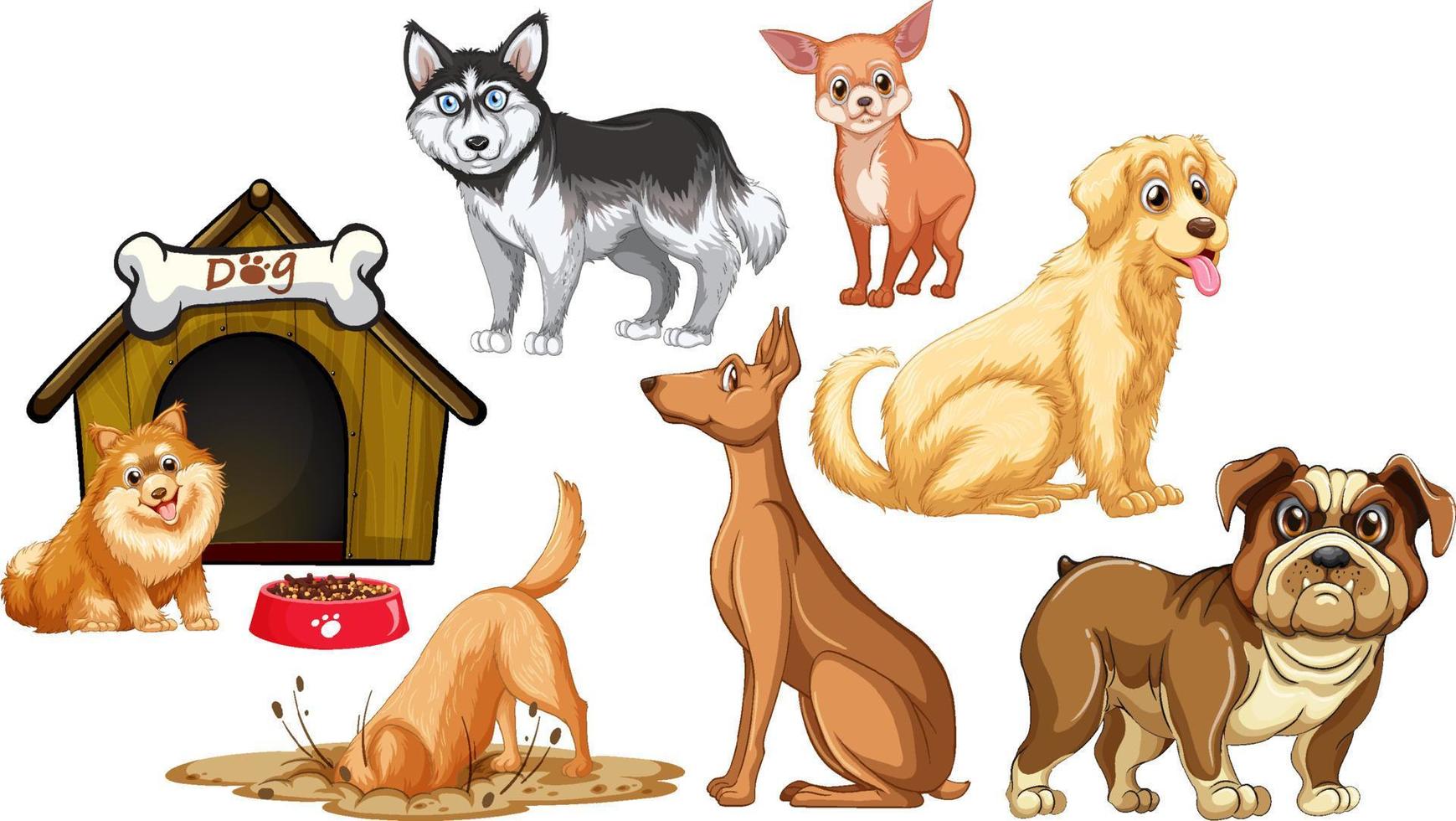 conjunto de diferentes perros lindos en estilo de dibujos animados vector