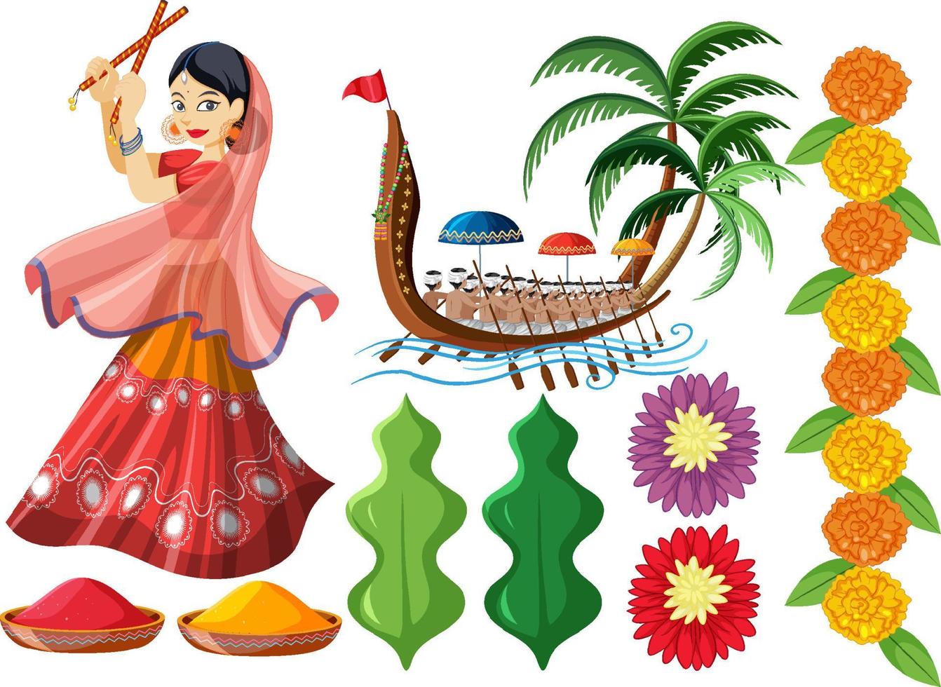 Set of Indian girl dancing and flowers vector