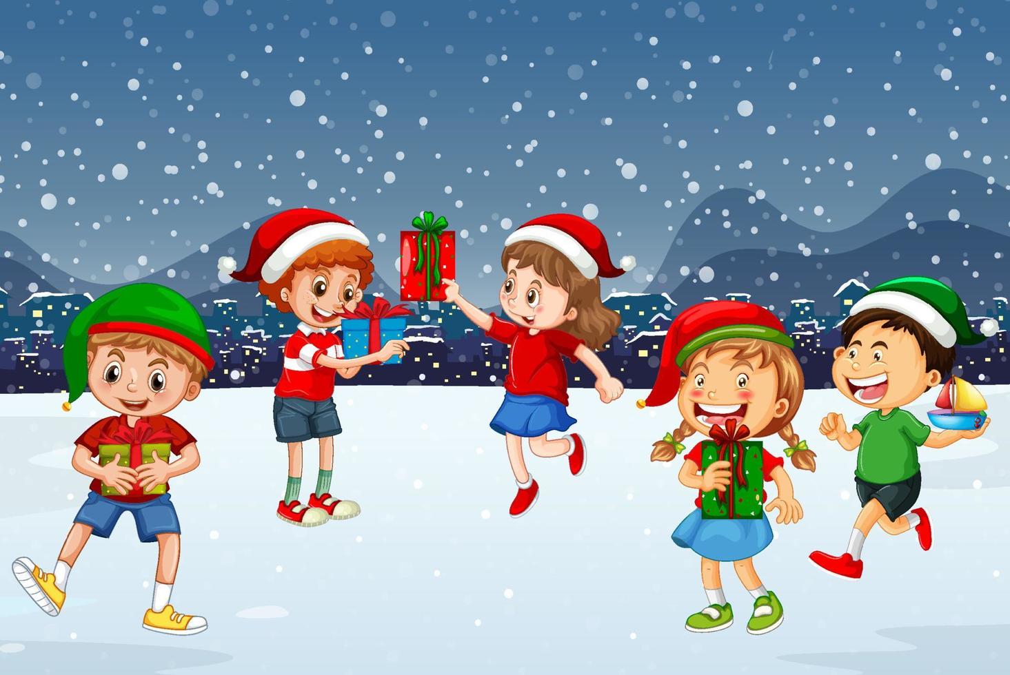 escena nocturna nevada con personajes de dibujos animados de navidad vector