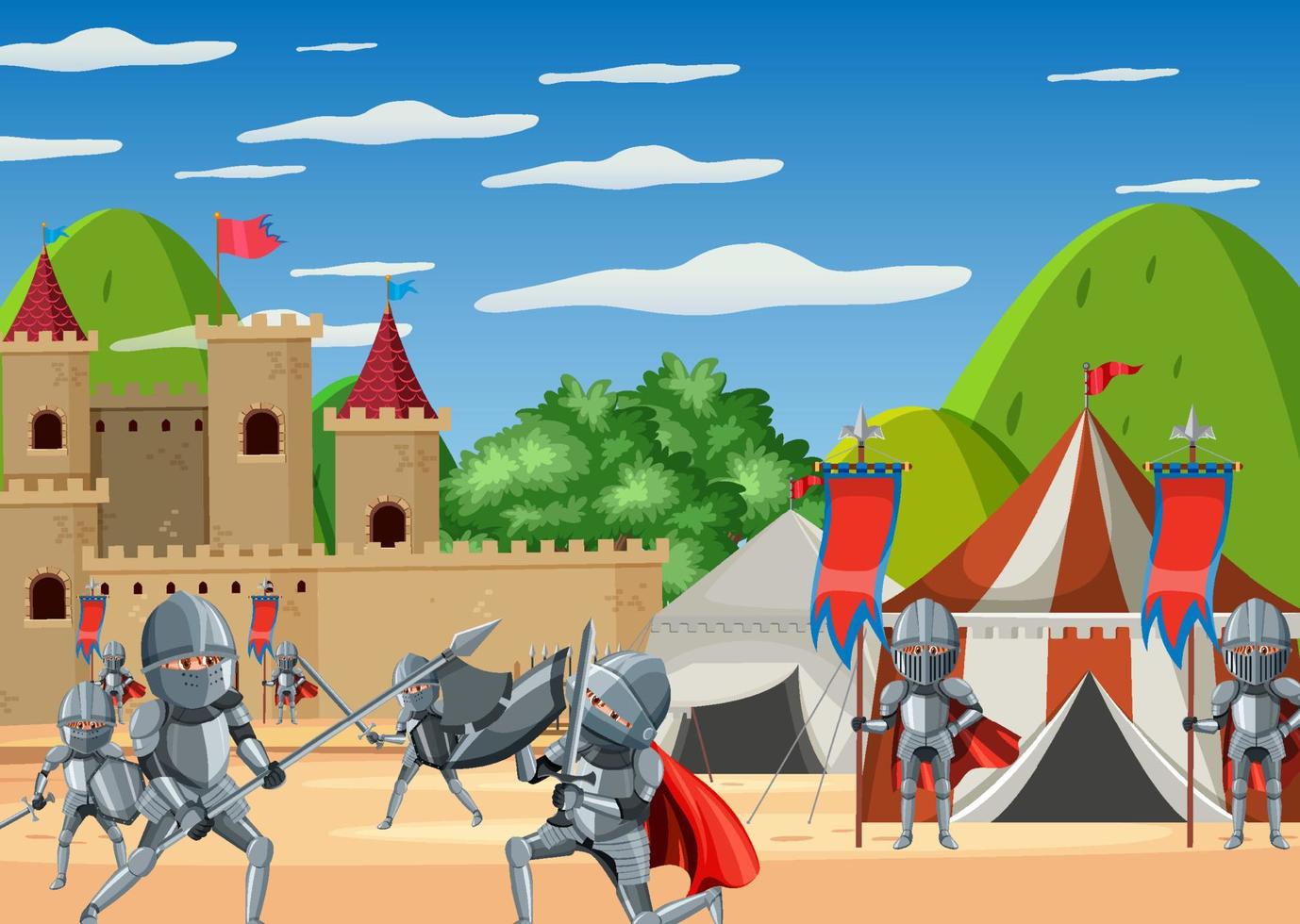 escena al aire libre medieval con caballeros a caballo vector