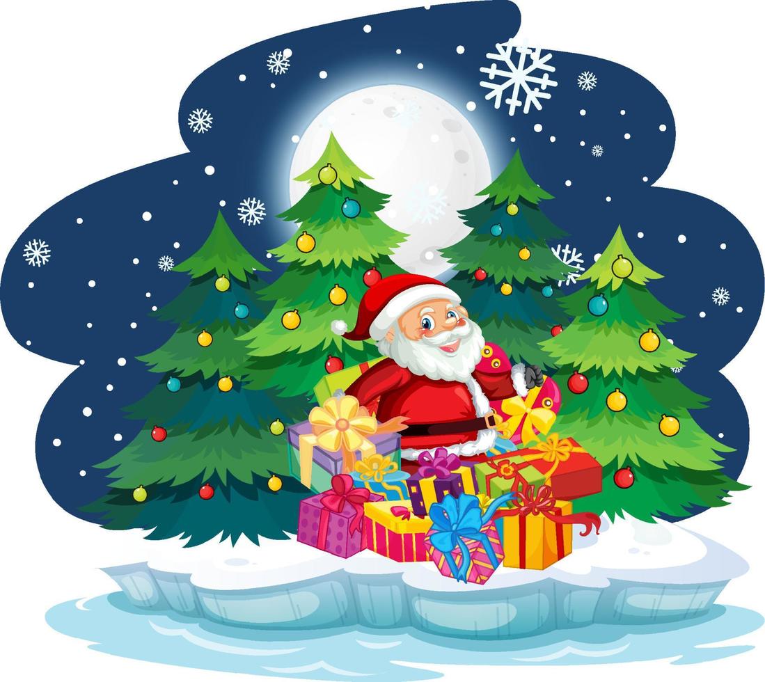 Snowy night with Santa Claus delivering gifts vector