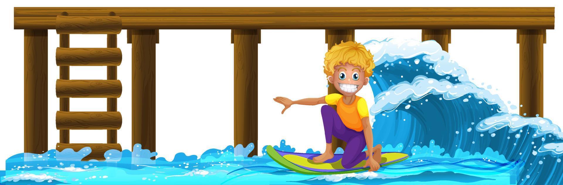 muelle de madera con un niño en tabla de surf vector