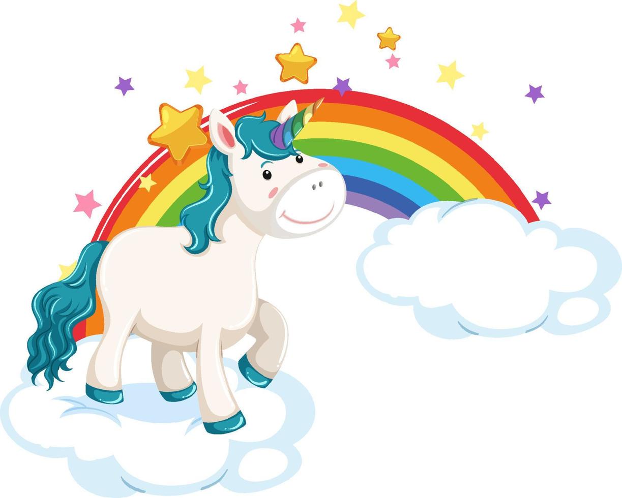 Cute unicorn standing on a cloud with rainbow vector