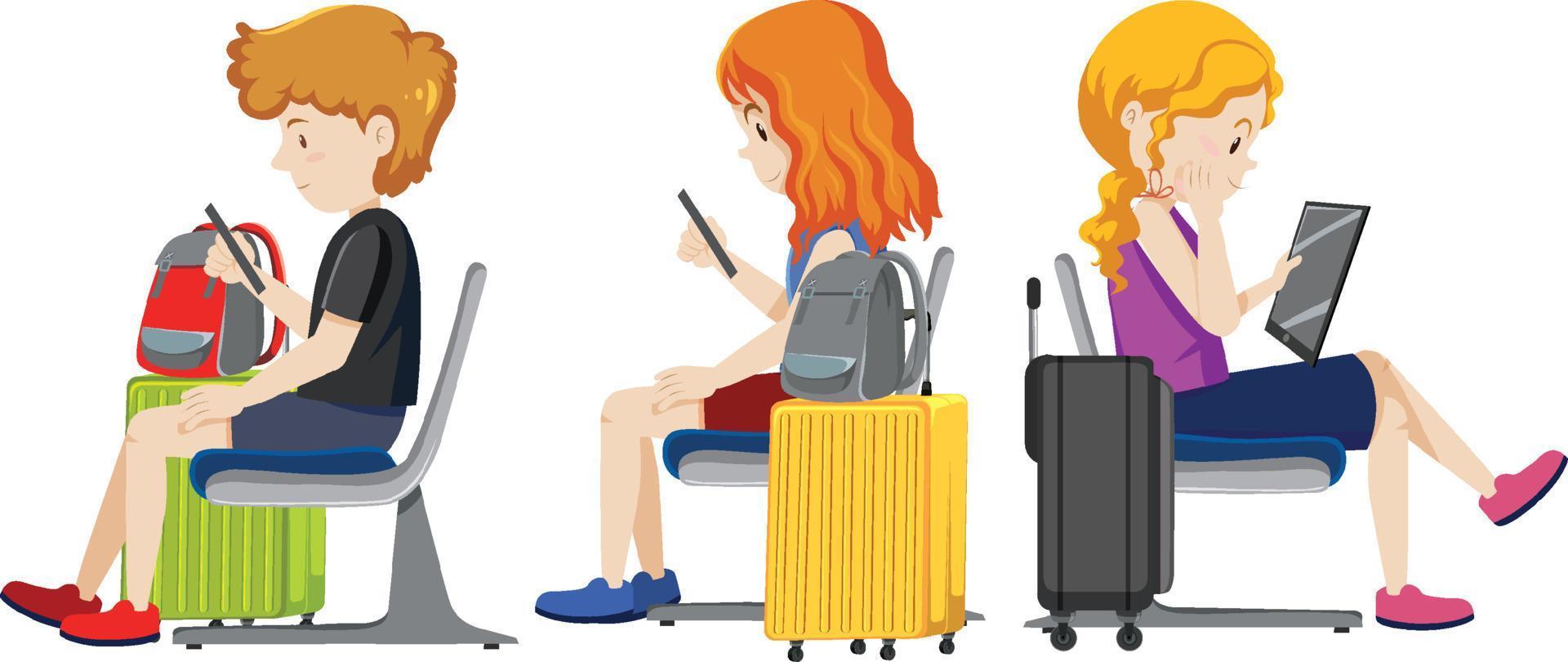 Passengers sitting and using mobile phone on white background vector