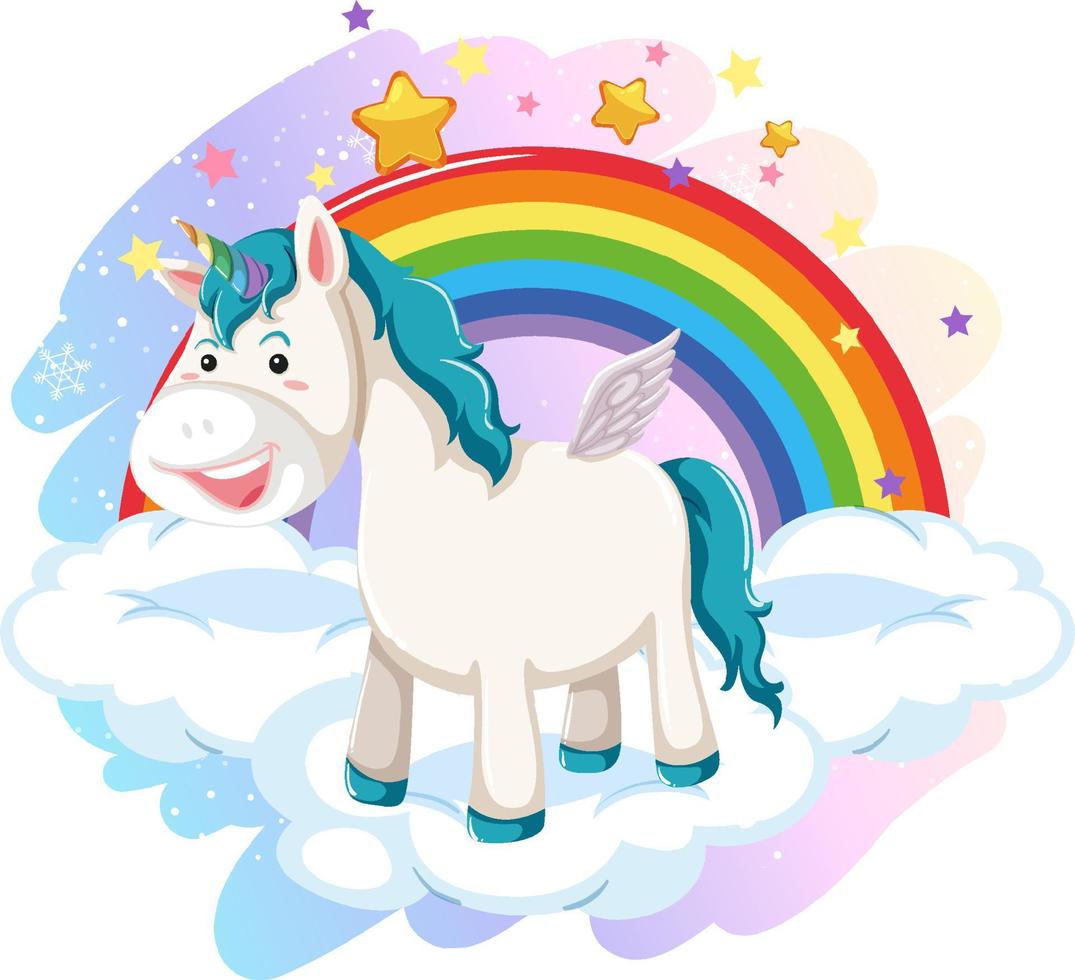 un unicornio parado en una nube con arcoiris vector