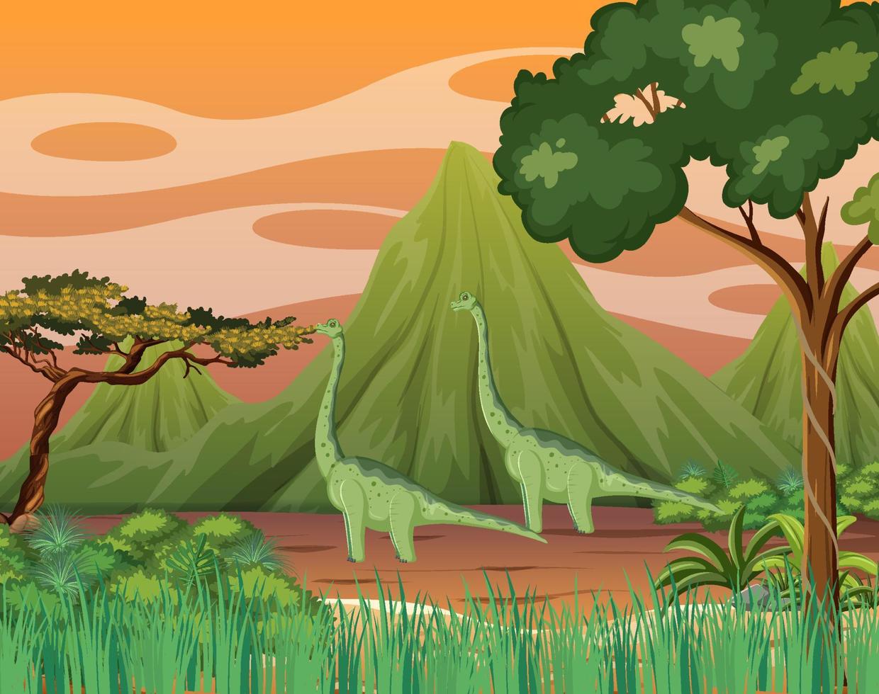 dinosaurio en la escena del bosque prehistórico vector