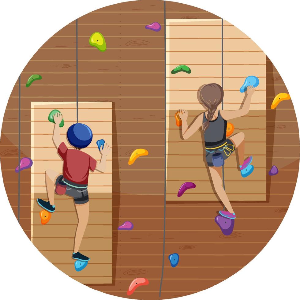 Scene with people climbing rock indoor on circle artboard vector