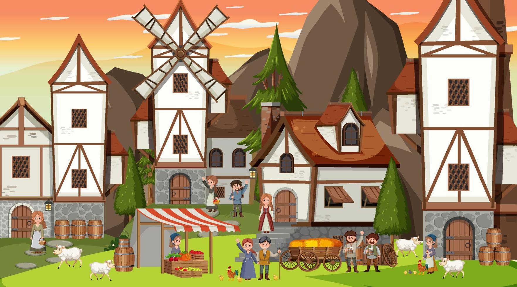 Medieval town scene with villagers vector