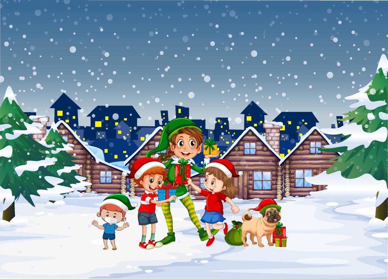 Snowy winter night with elf and children in the town vector