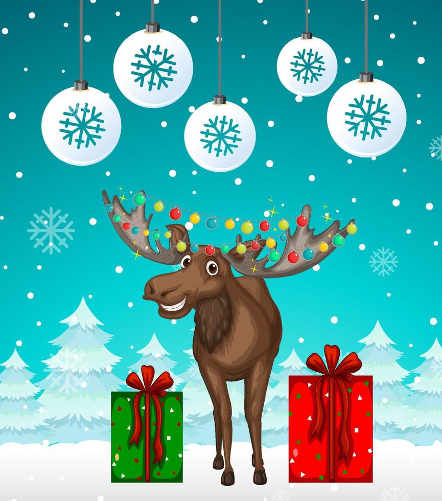 Christmas poster design with moose on snowy background vector