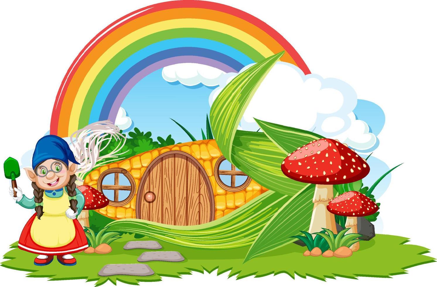 Fantasy corn house with rainbow in the sky vector