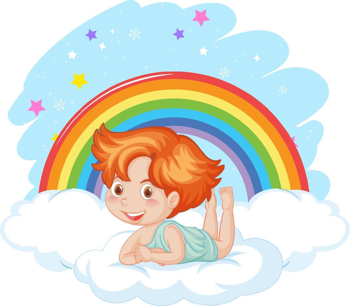 niño ángel acostado en una nube con arco iris en el cielo vector