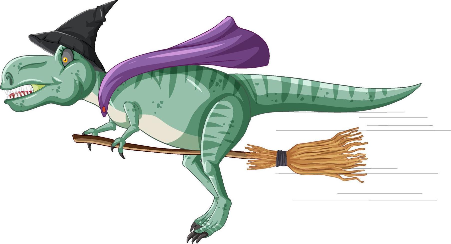 Tyrannosaurus rex dinosaur riding on broomstick in cartoon style vector