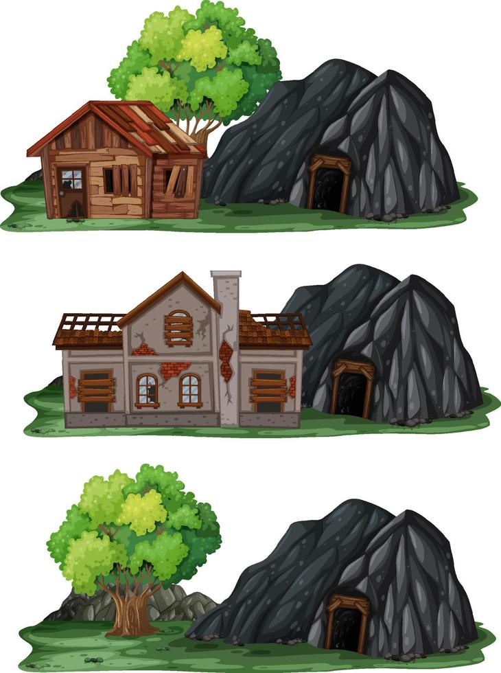 Set of different abandoned houses with rock cave vector