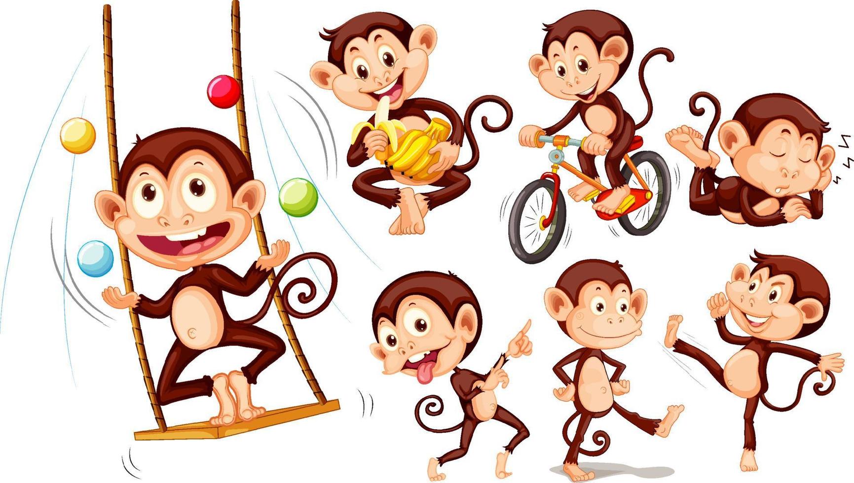 Set of different poses of monkeys cartoon characters vector