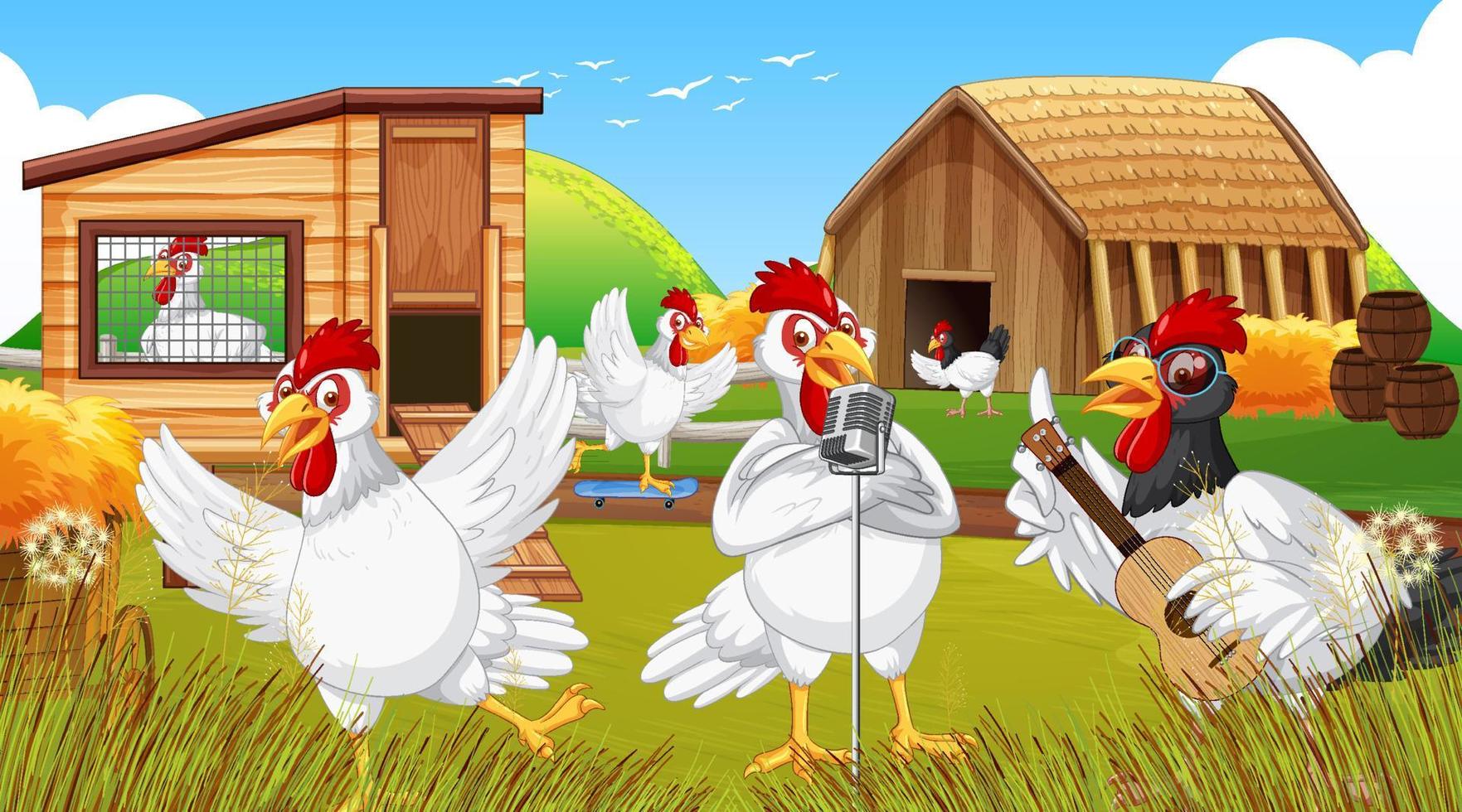 Farm scene with a group of chickens cartoon character vector