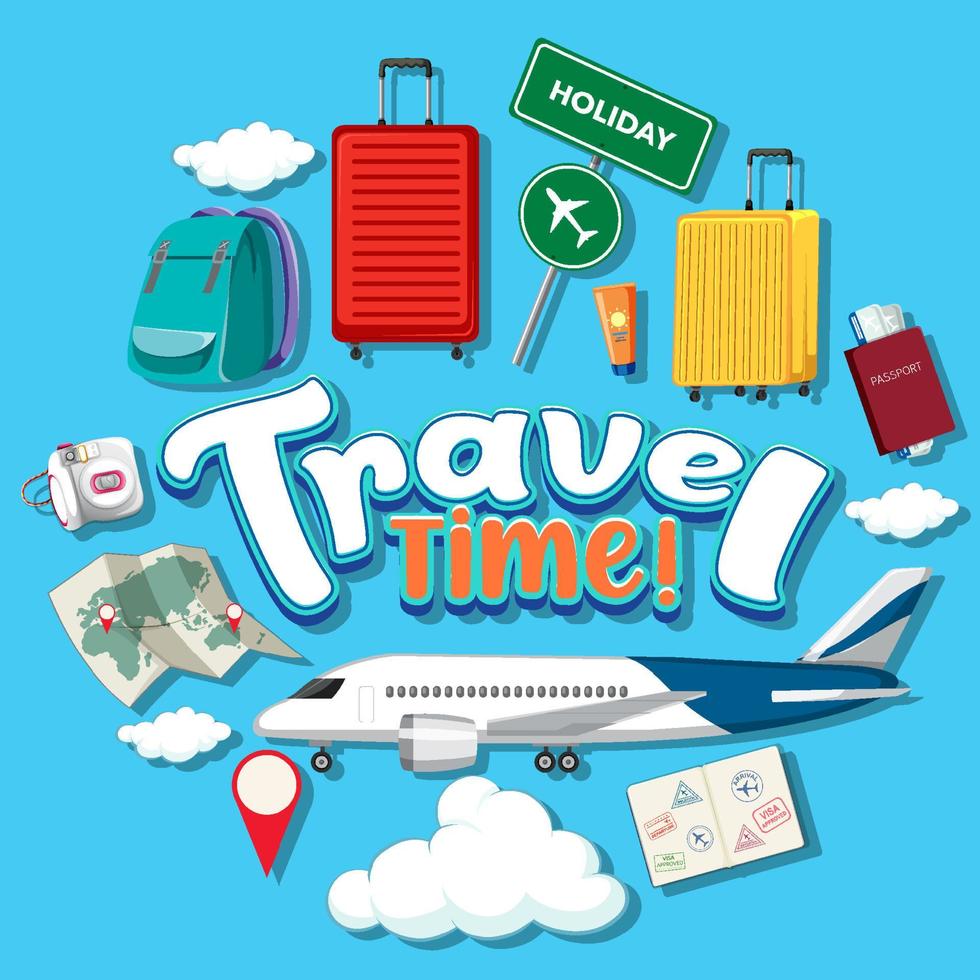 Travel time typography design with travelling objects vector