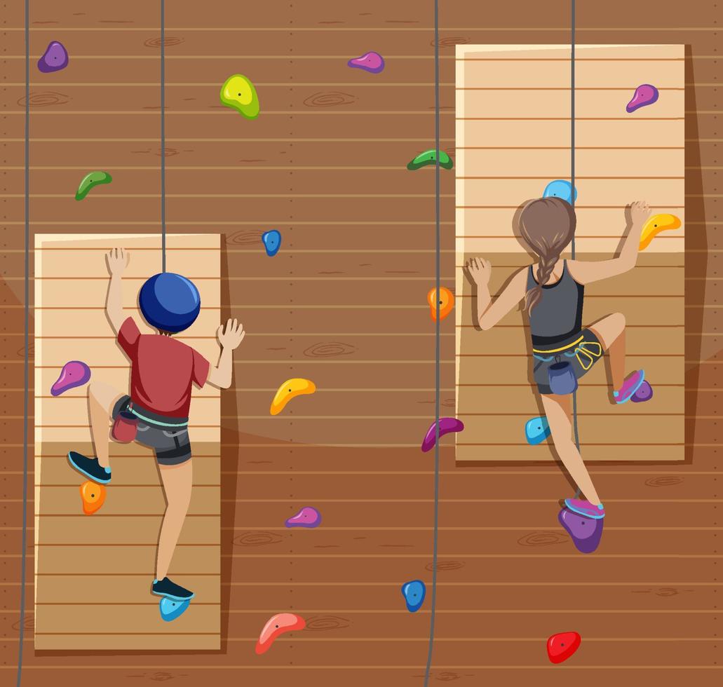 Scene with people climbing rock indoor on circle artboard vector