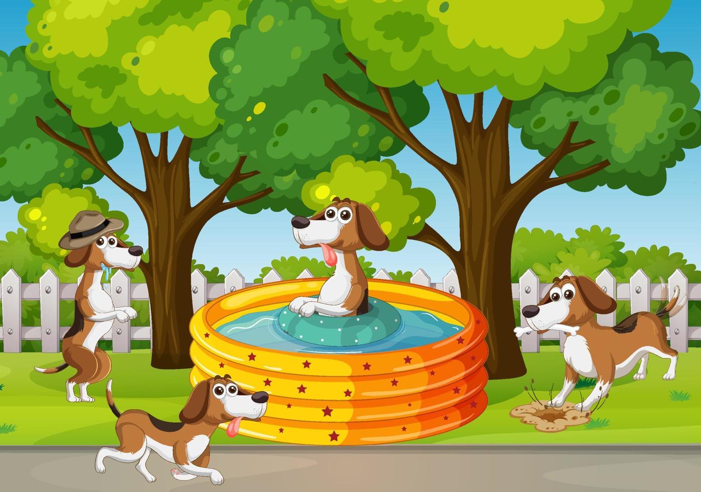 Four dogs playing in the park vector