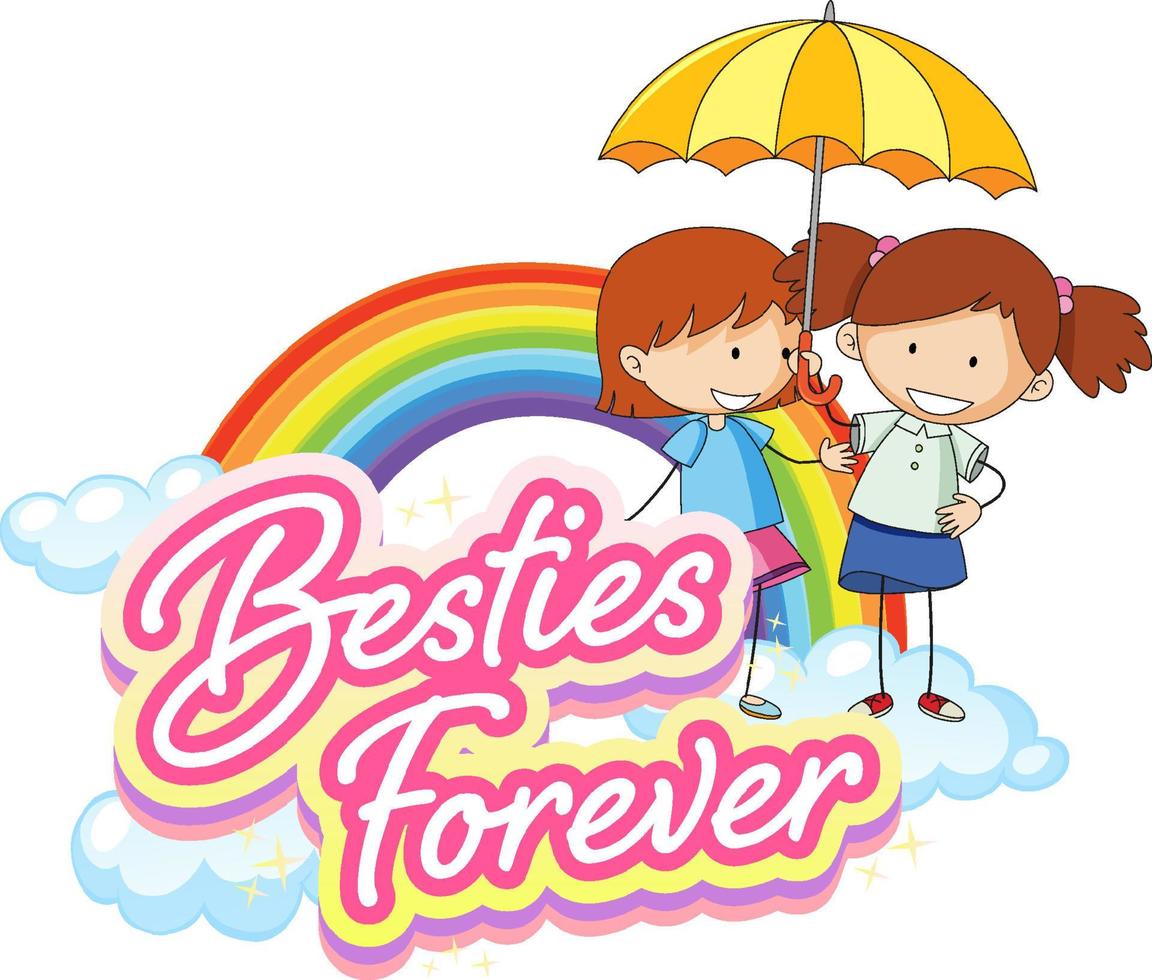 Bestie forever logo with two girls cartoon character vector