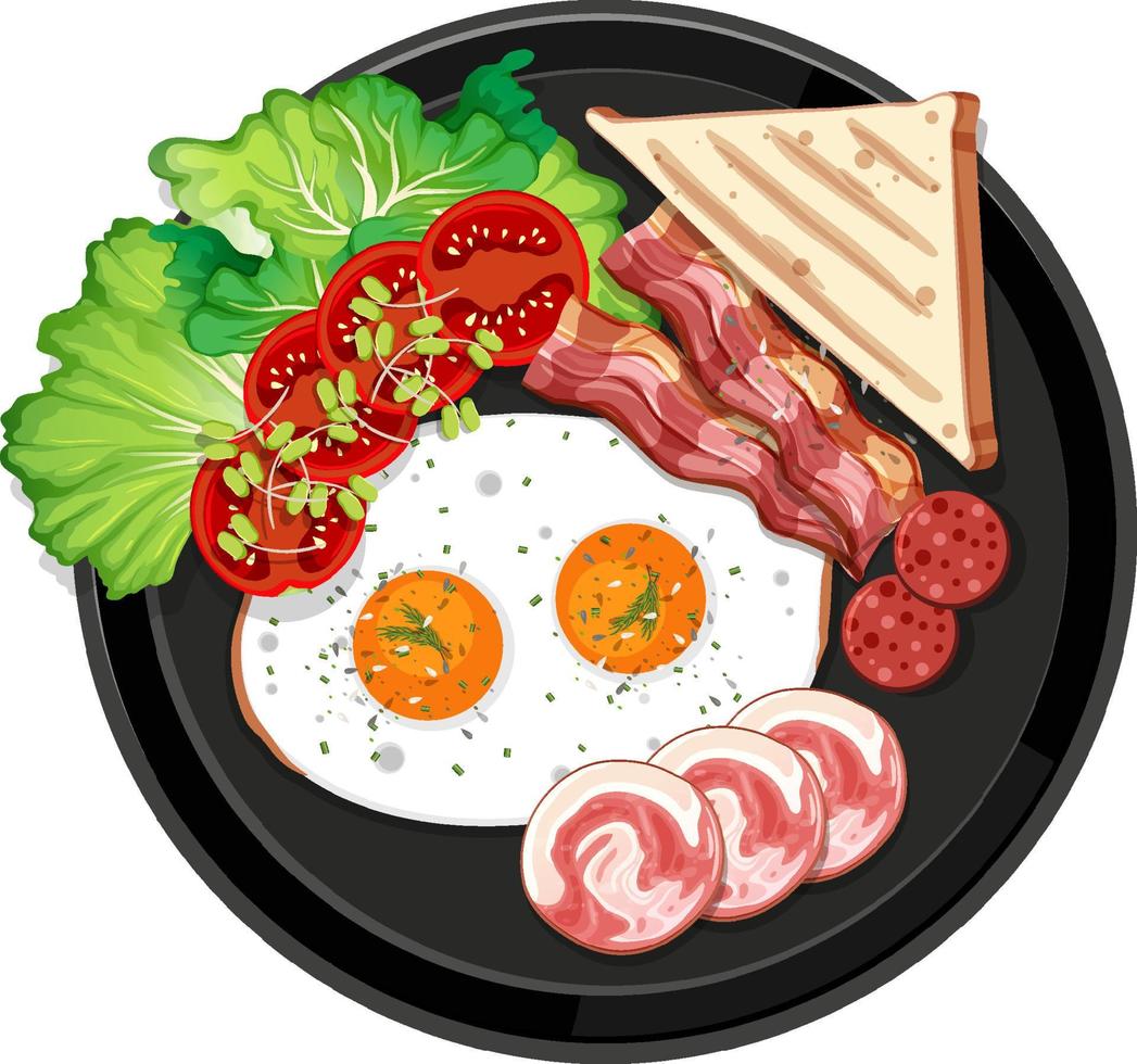 Top view food, breakfast with black plate on white background vector