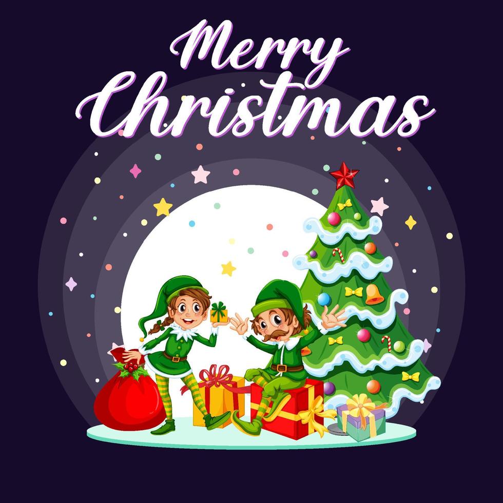 diseño de banner de feliz navidad con duendes y árbol de navidad vector