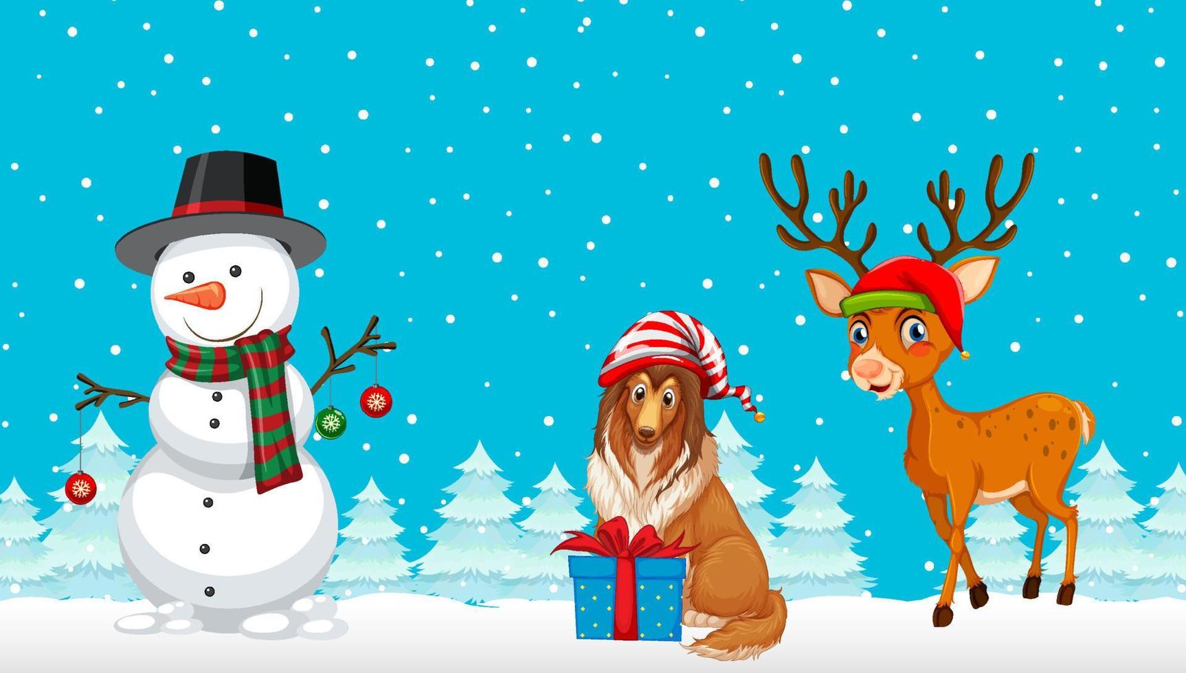 Christmas cartoon characters on snowy blue background vector