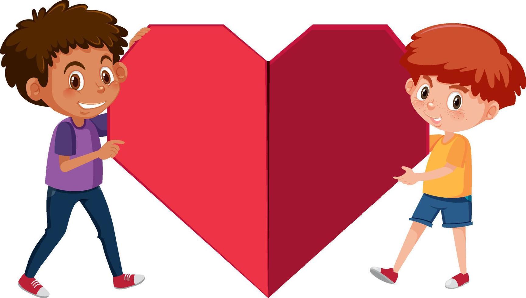 Two children holding a big red heart vector