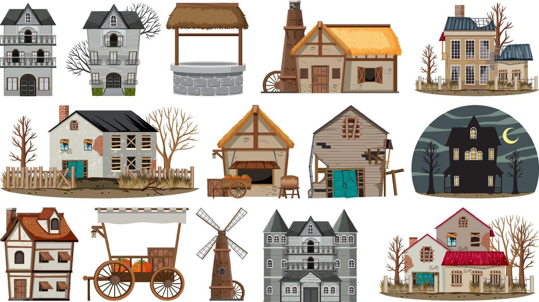 Set of abandoned houses and buildings vector