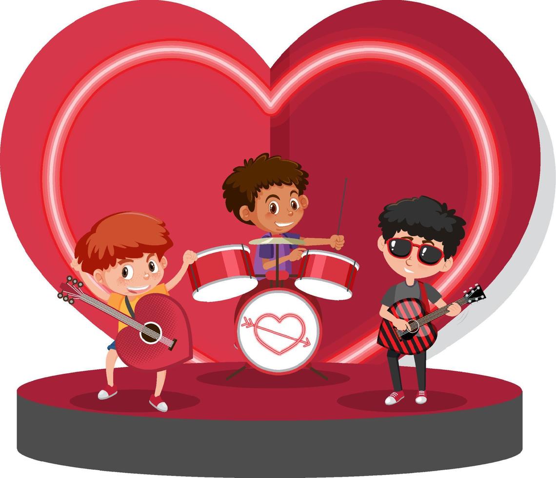 tres niños tocando música en el escenario del corazón vector